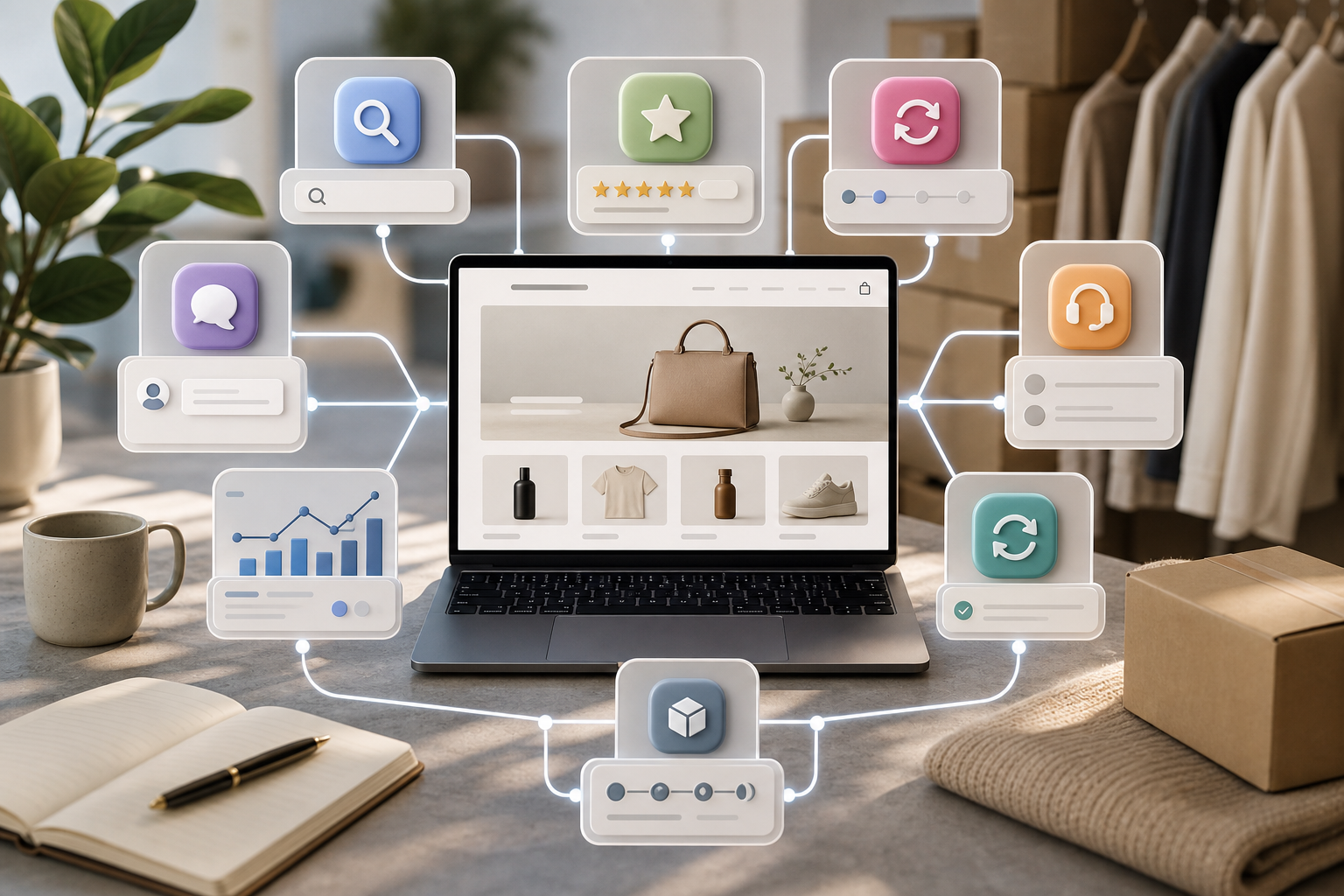 A modular Shopify ecommerce app stack connecting search, reviews, subscriptions, customer service, analytics, returns, and operations.