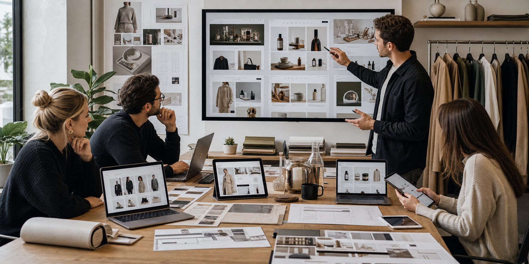 Design and ecommerce team comparing Shopify theme layouts, mobile storefront sections, and merchandising structure for a UK brand.