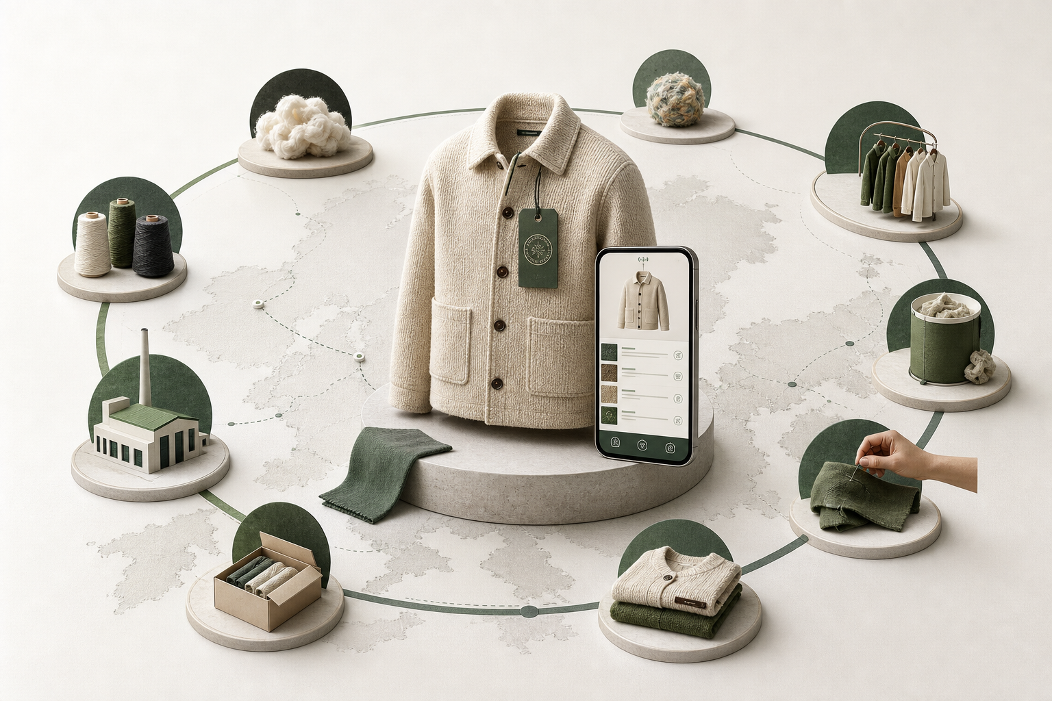 A premium product connected to a digital provenance record covering materials, care, repair, recycling, and resale.