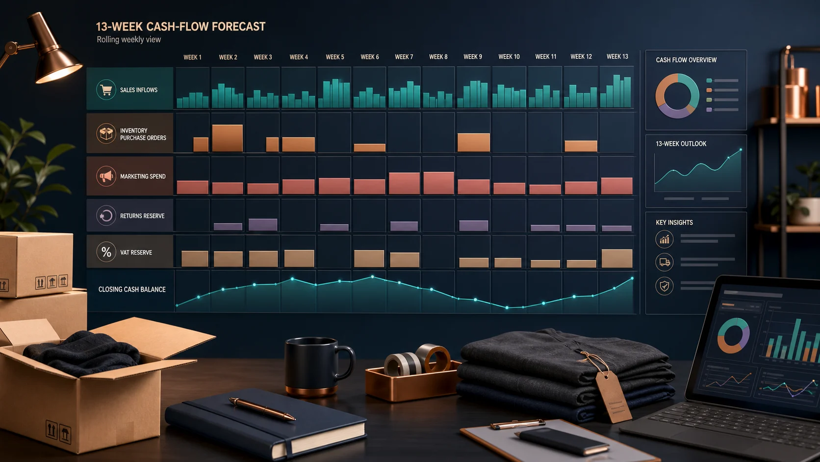 A 13-week ecommerce cash-flow view connecting sales receipts, inventory orders, marketing, returns reserves and closing cash.