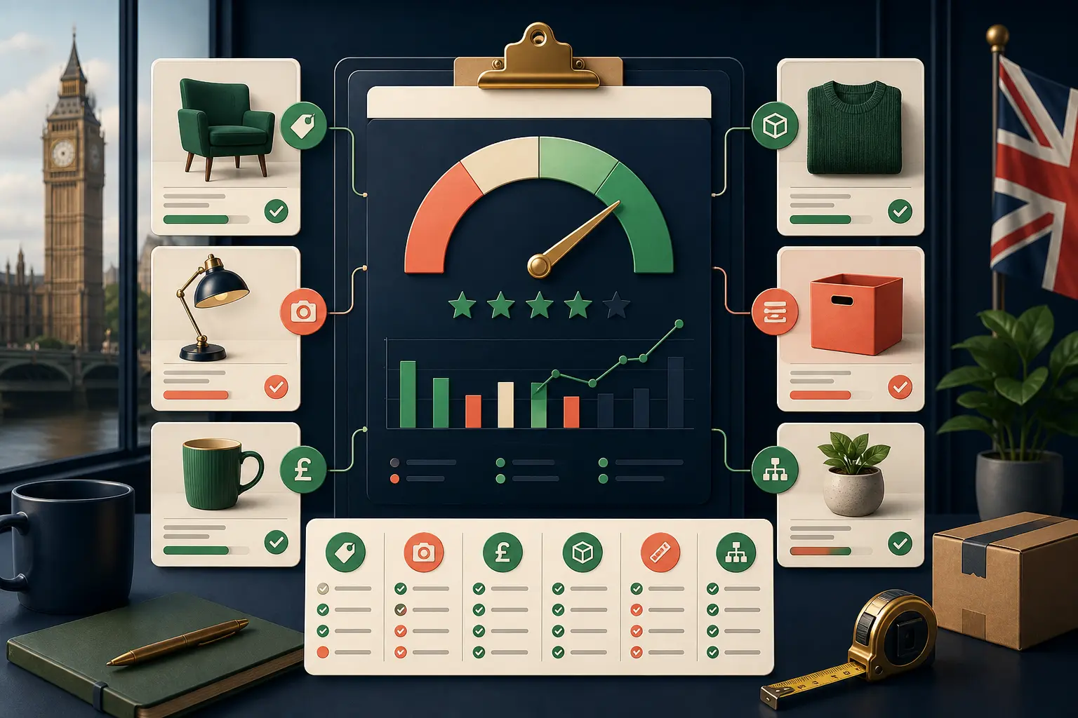 A UK Shopify catalogue quality dashboard scoring product identity, imagery, price, stock and taxonomy.