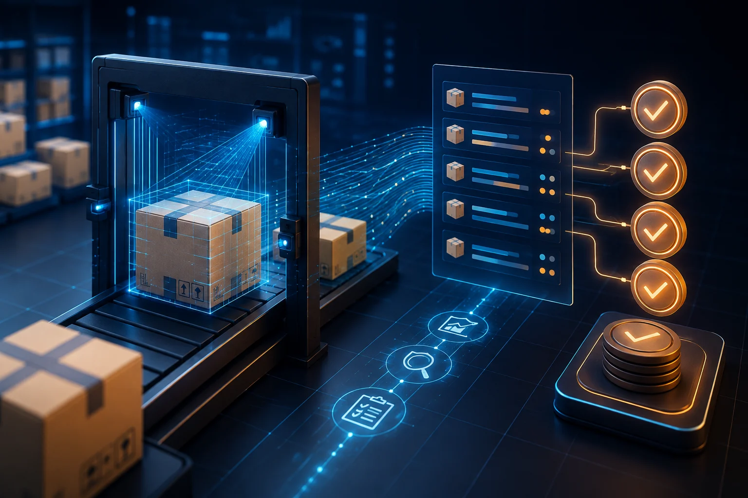 A parcel measured and matched to carrier invoice adjustments in a controlled shipping cost audit.