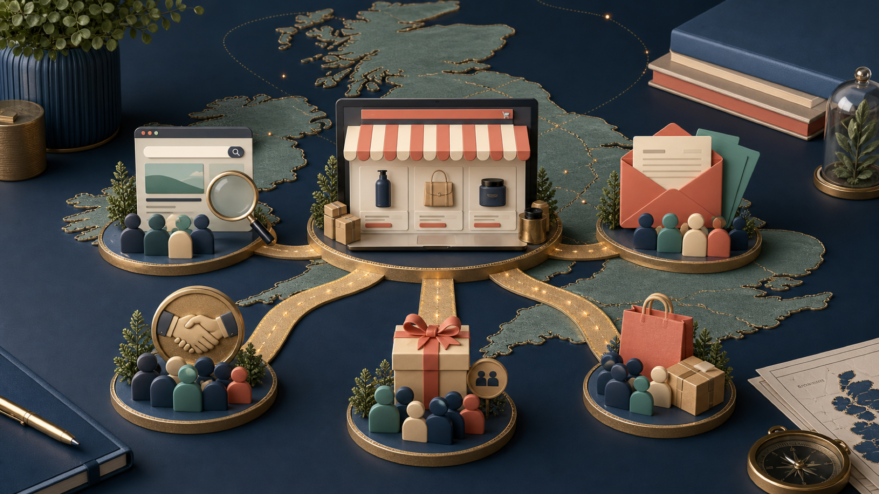 UK ecommerce storefront connected to organic search, email, referral, partnership and marketplace acquisition paths.
