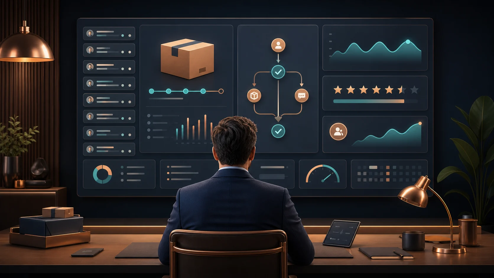 Ecommerce support manager reviewing resolution, parcel status, satisfaction and repeat-order signals.