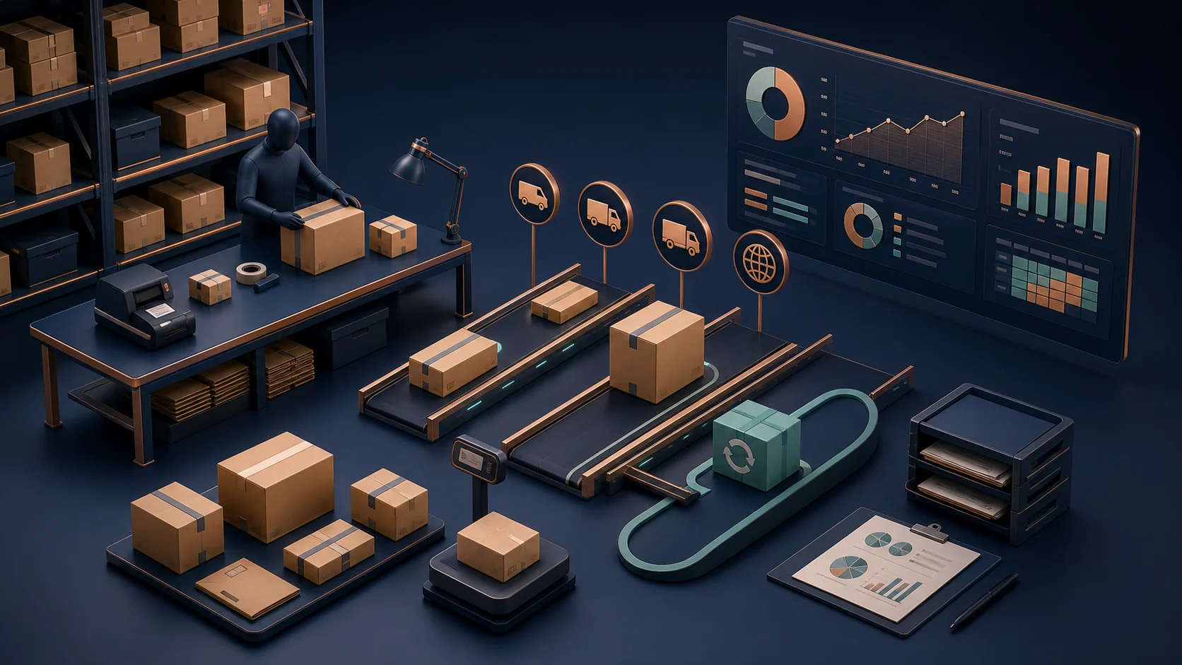 UK ecommerce fulfilment operation showing pick and pack, parcel routing, returns and a cost dashboard.