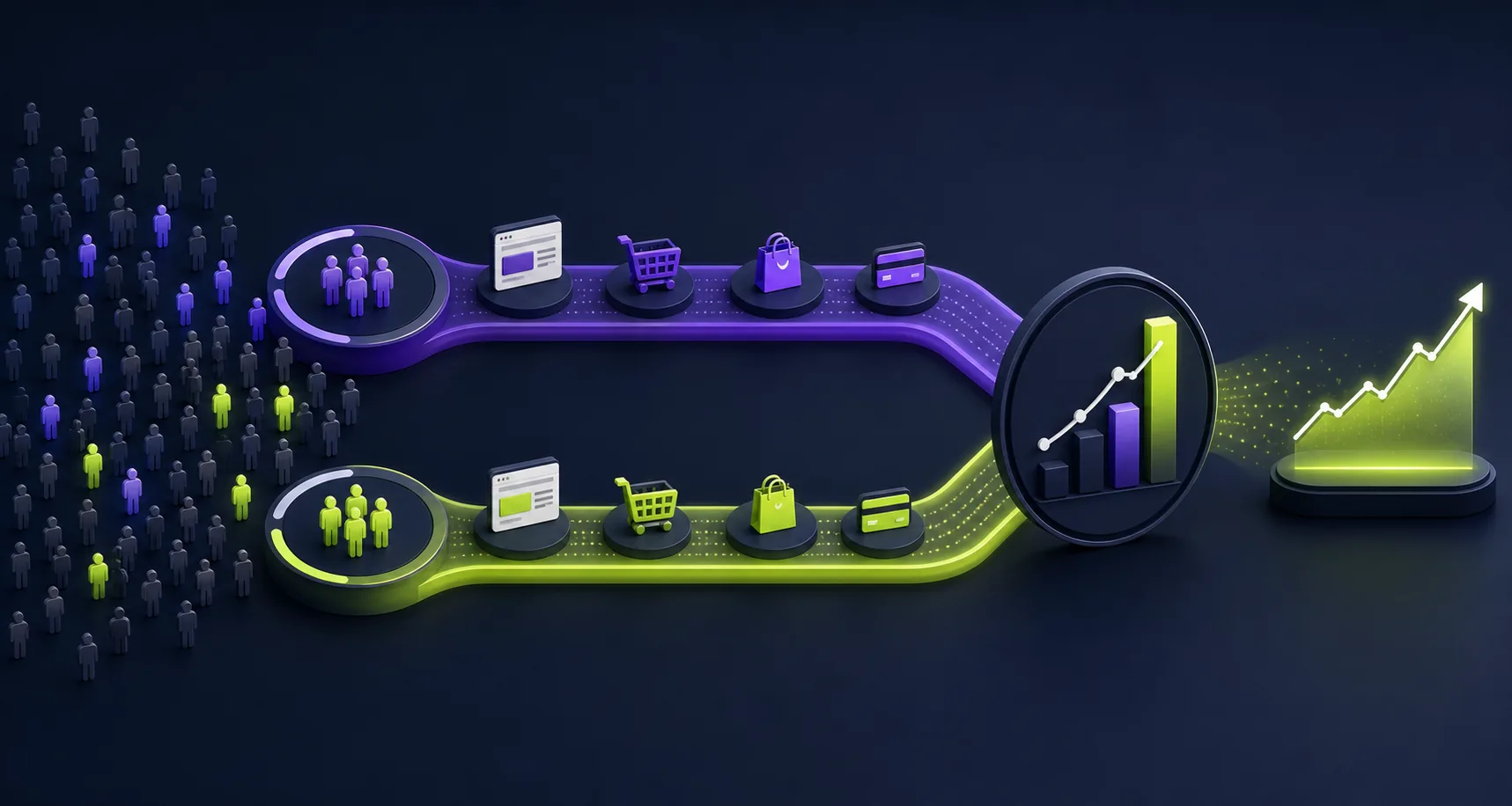 Ecommerce incrementality experiment separating test and holdout customer journeys to measure causal growth.