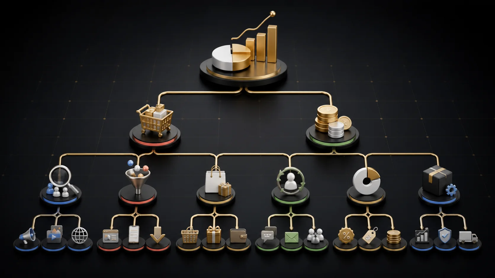 A dimensional ecommerce KPI tree linking commercial outcomes to demand, conversion, basket, retention, margin and operations.
