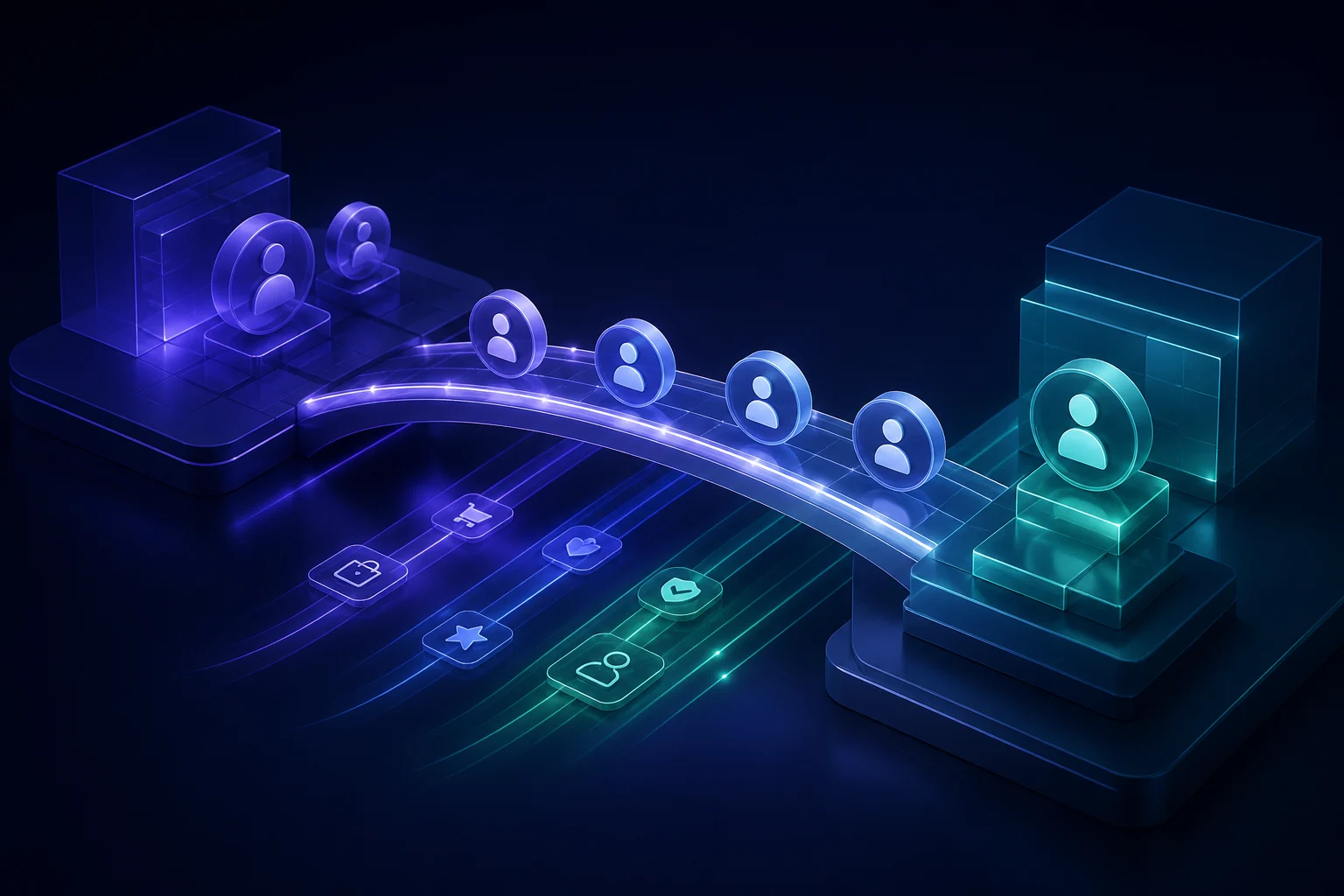Customer groups crossing a migration bridge while account, loyalty, message and support signals stay aligned.