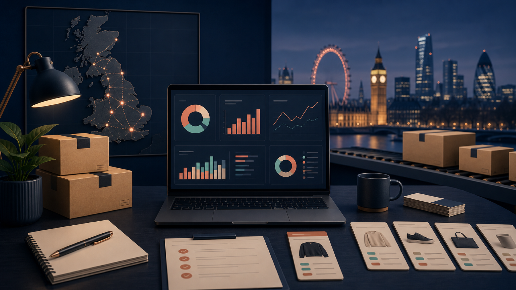 UK ecommerce operations audit workspace with a Shopify dashboard, fulfilment boxes and operational scorecards.