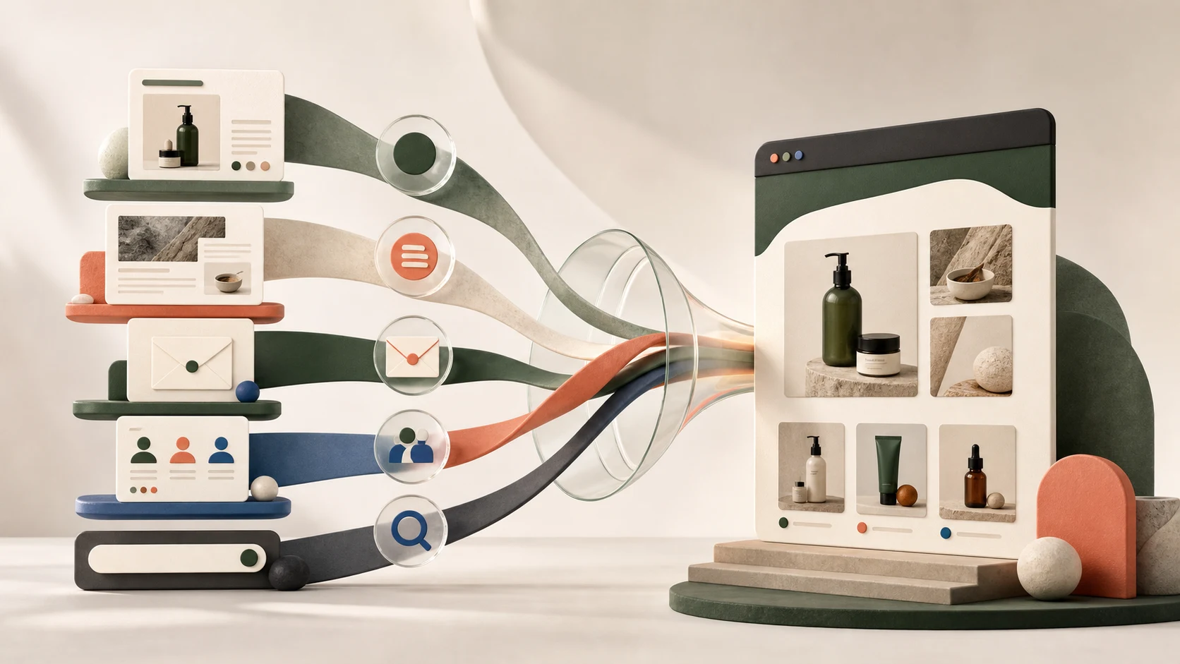 An organic ecommerce growth system connecting product content, editorial, email, community, and search with a digital storefront.