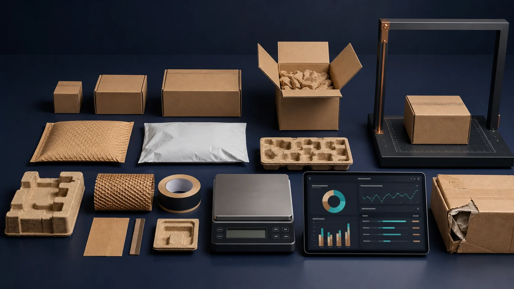 Ecommerce packaging formats, protective inserts, scale, dimension frame, damage sample and cost dashboard.