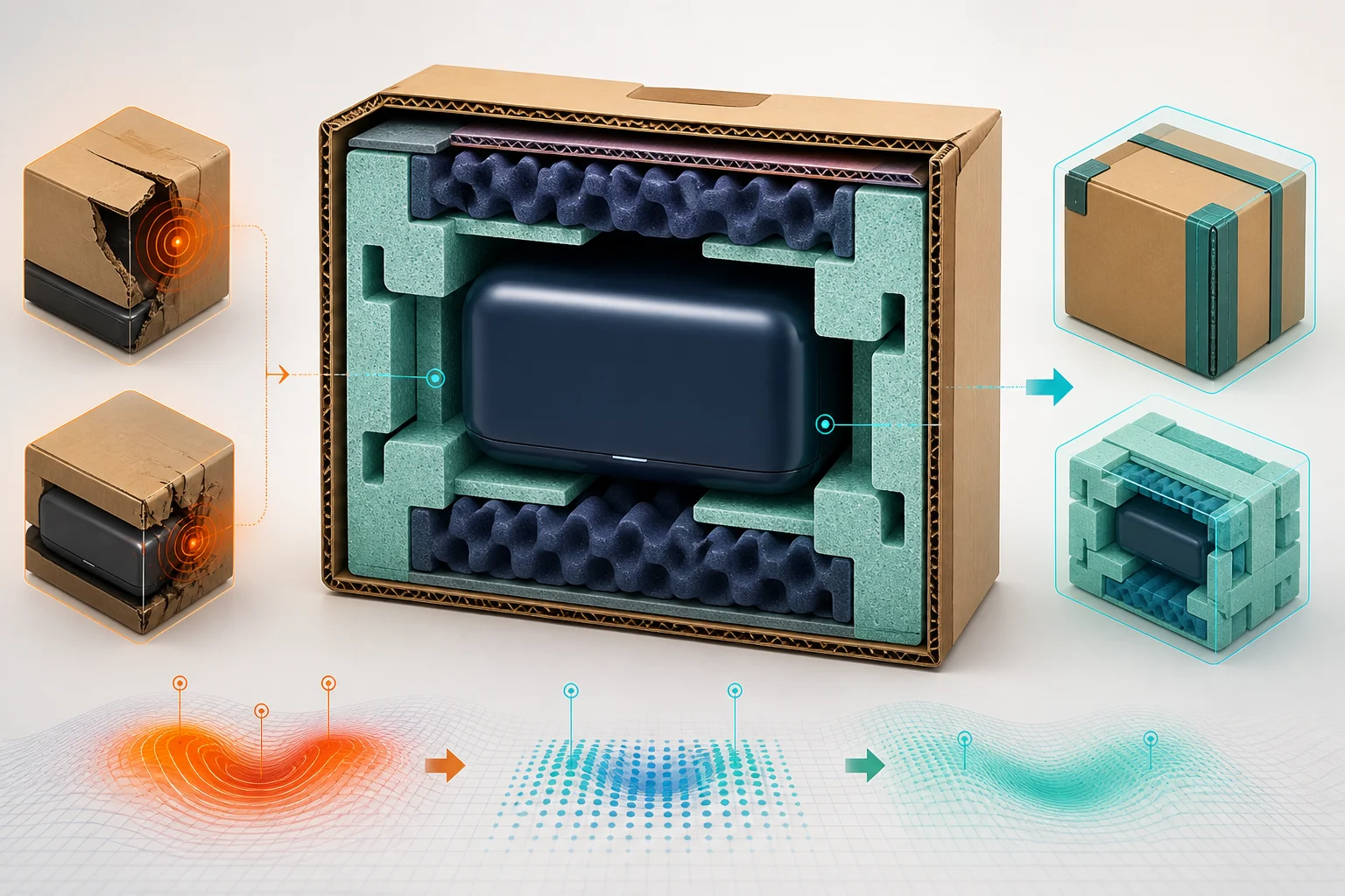 Damaged parcels compared with a protected product and improved ecommerce packaging design.