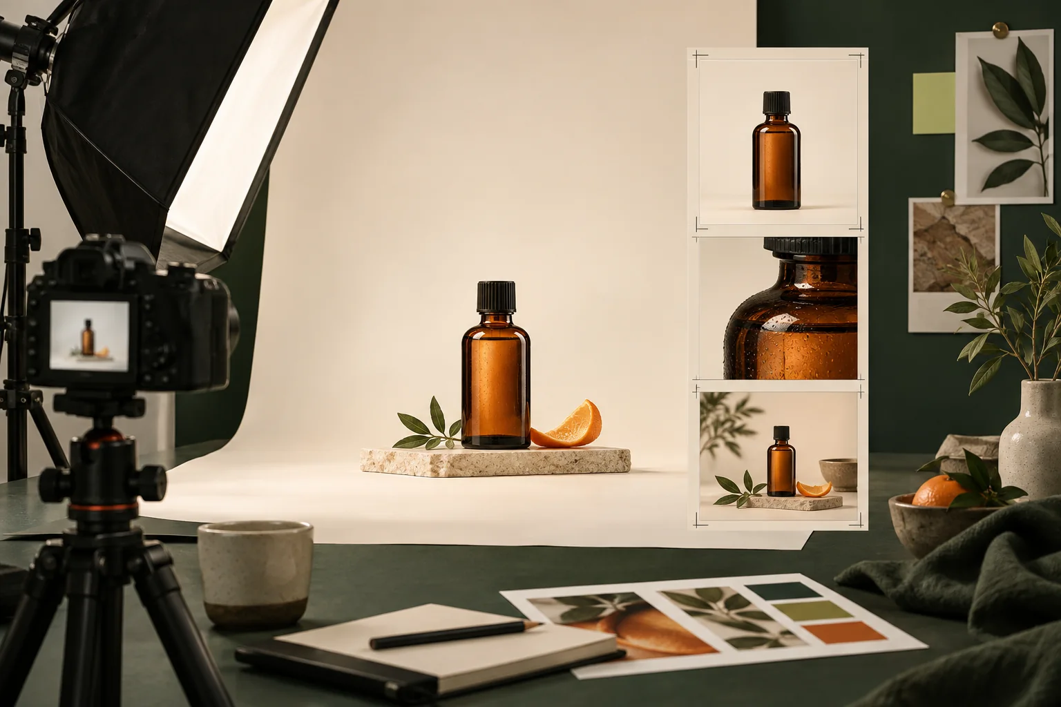 Product photography studio with an amber bottle and several planned image crops.