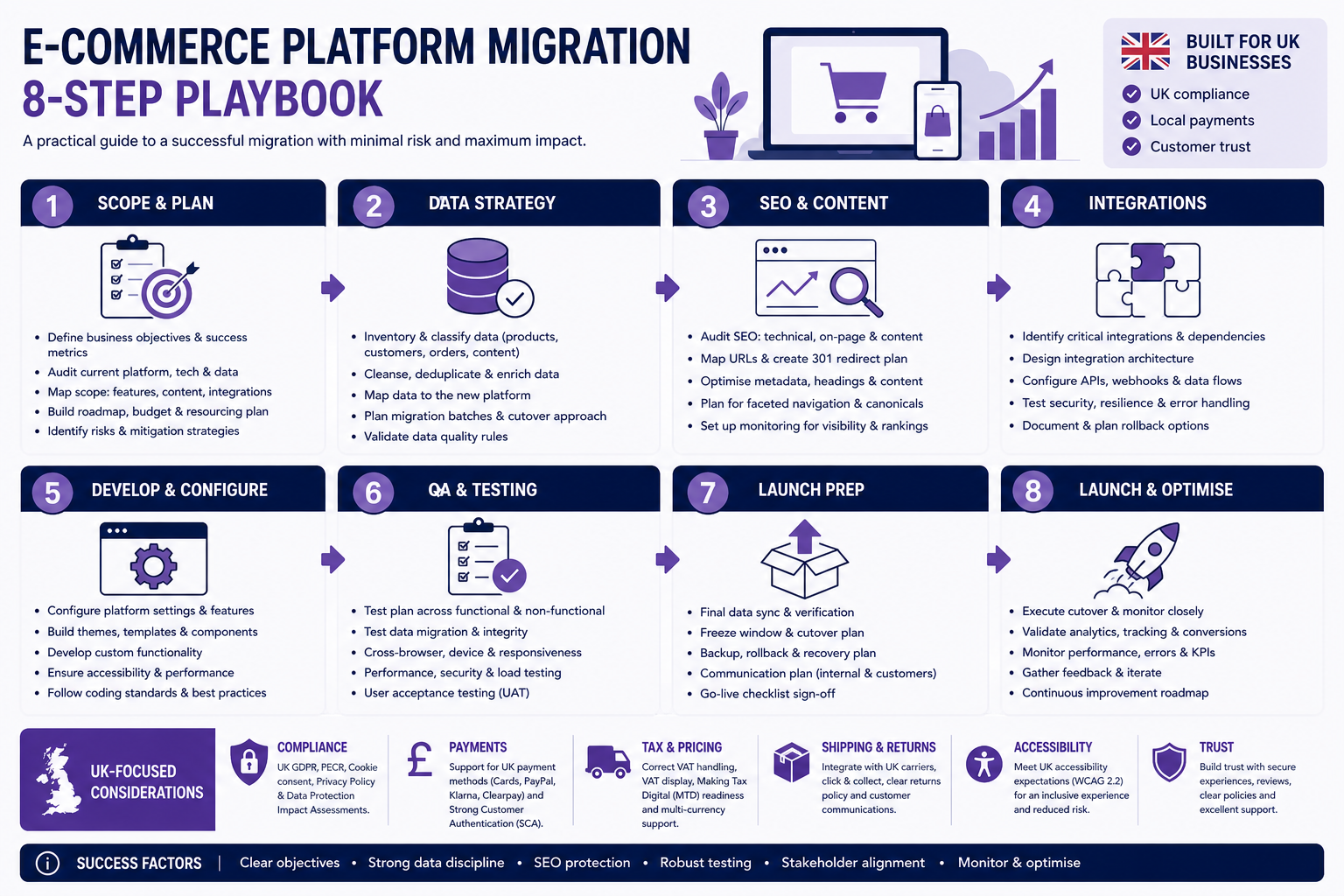 StoreBuilt ecommerce platform migration guide UK: eight-step replatforming playbook from scope to post-launch measurement.