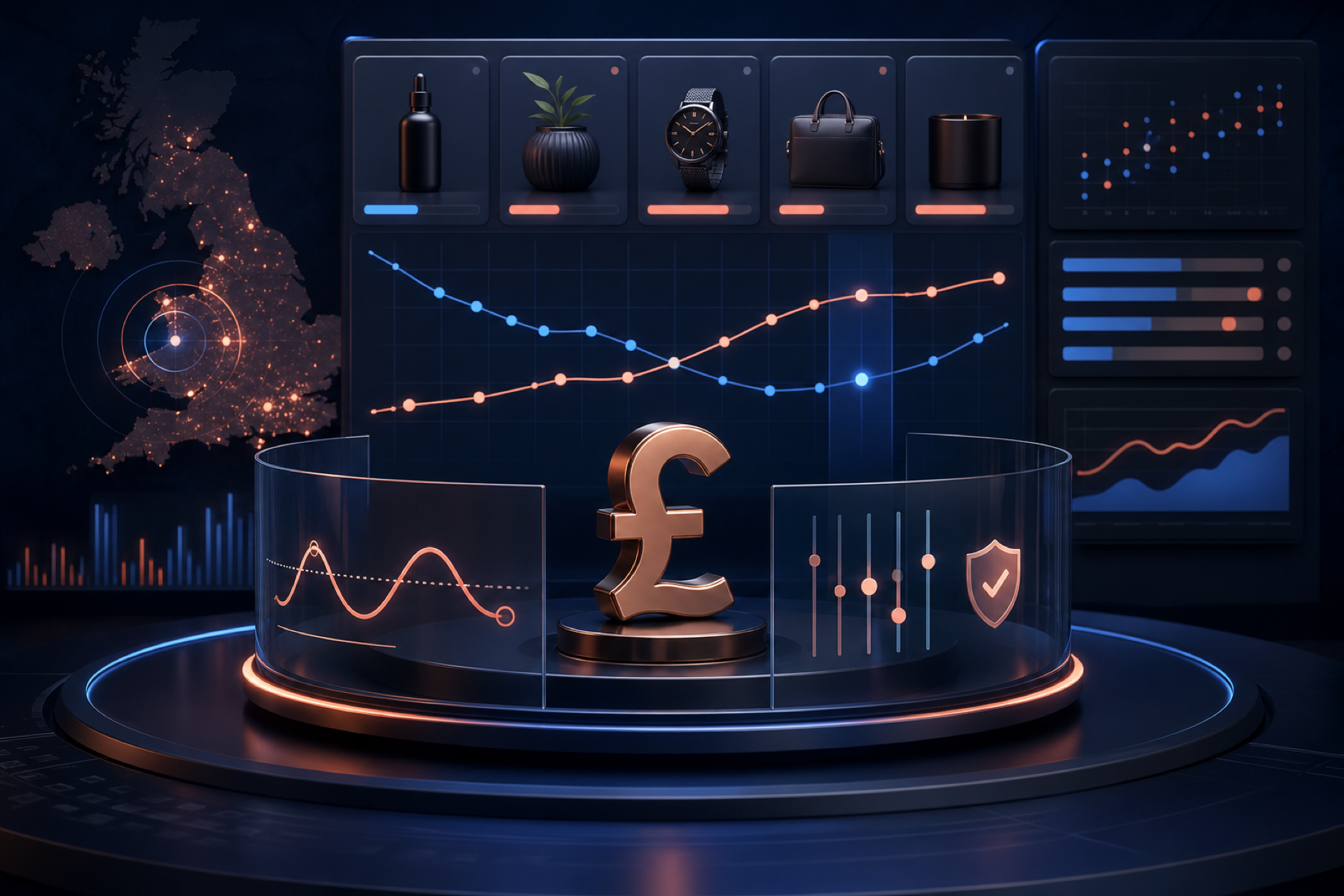 StoreBuilt ecommerce price intelligence visual showing UK competitor signals, pricing curves, product positioning, and margin guardrails.