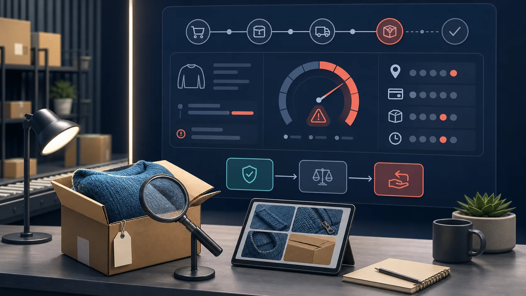 Ecommerce returns fraud review workspace with parcel inspection, order evidence and balanced decision controls.