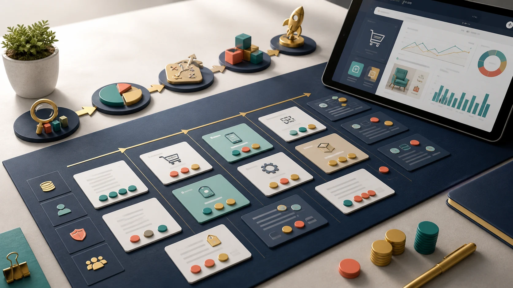 A structured ecommerce roadmap with prioritisation cards, delivery stages and Shopify store analytics.