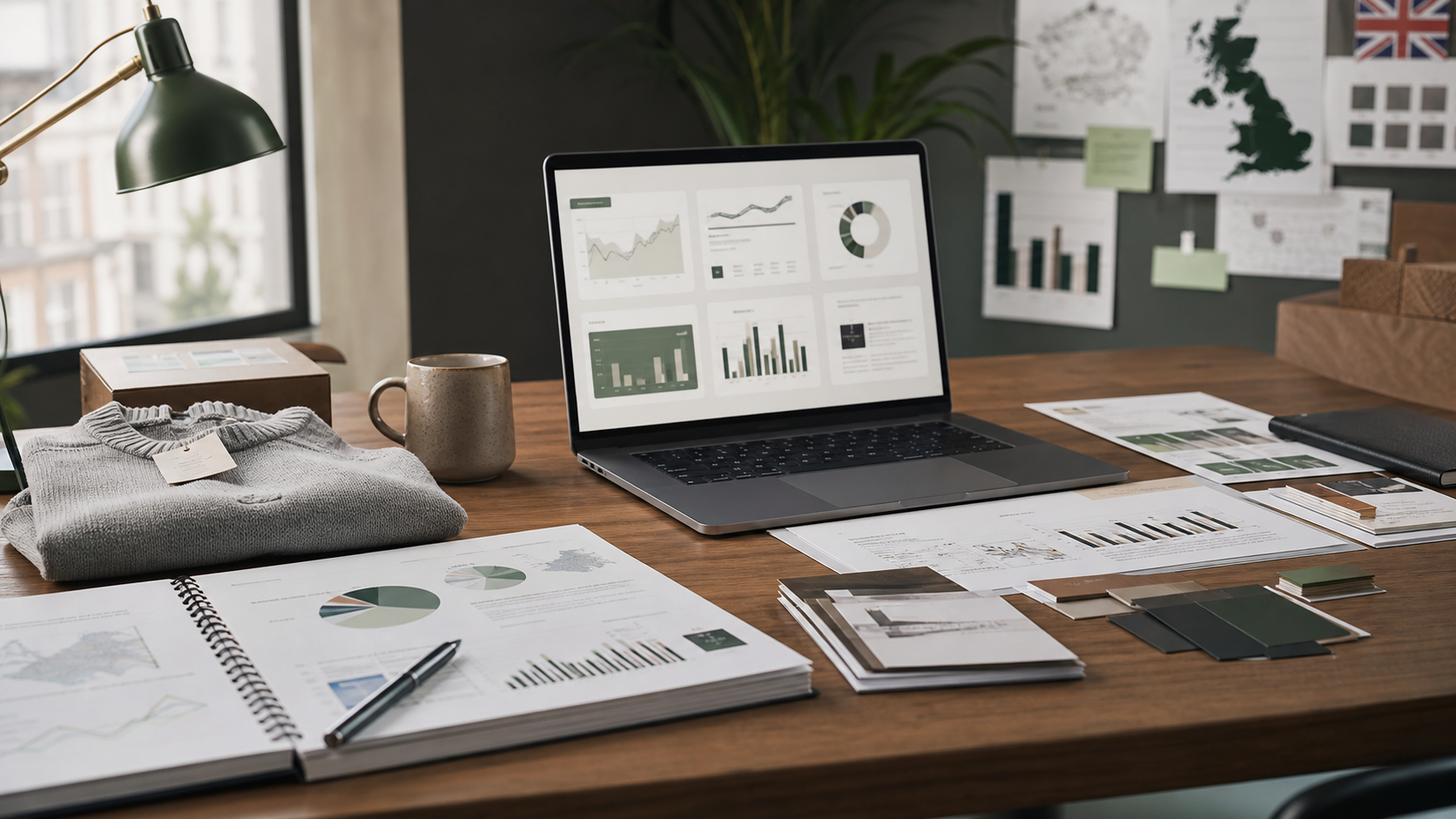 A UK ecommerce planning desk with analytics dashboards, product samples, and trading reports used to interpret Shopify statistics.