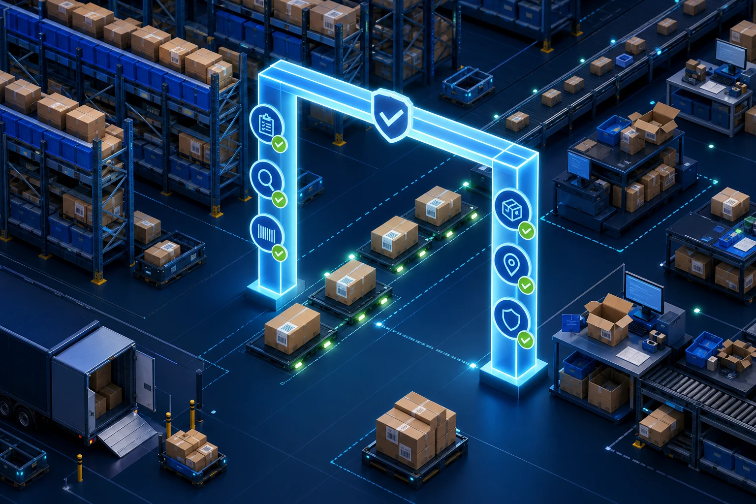 Parcels, shelves and warehouse stations passing through a precise ecommerce audit gateway with verified checkpoints.