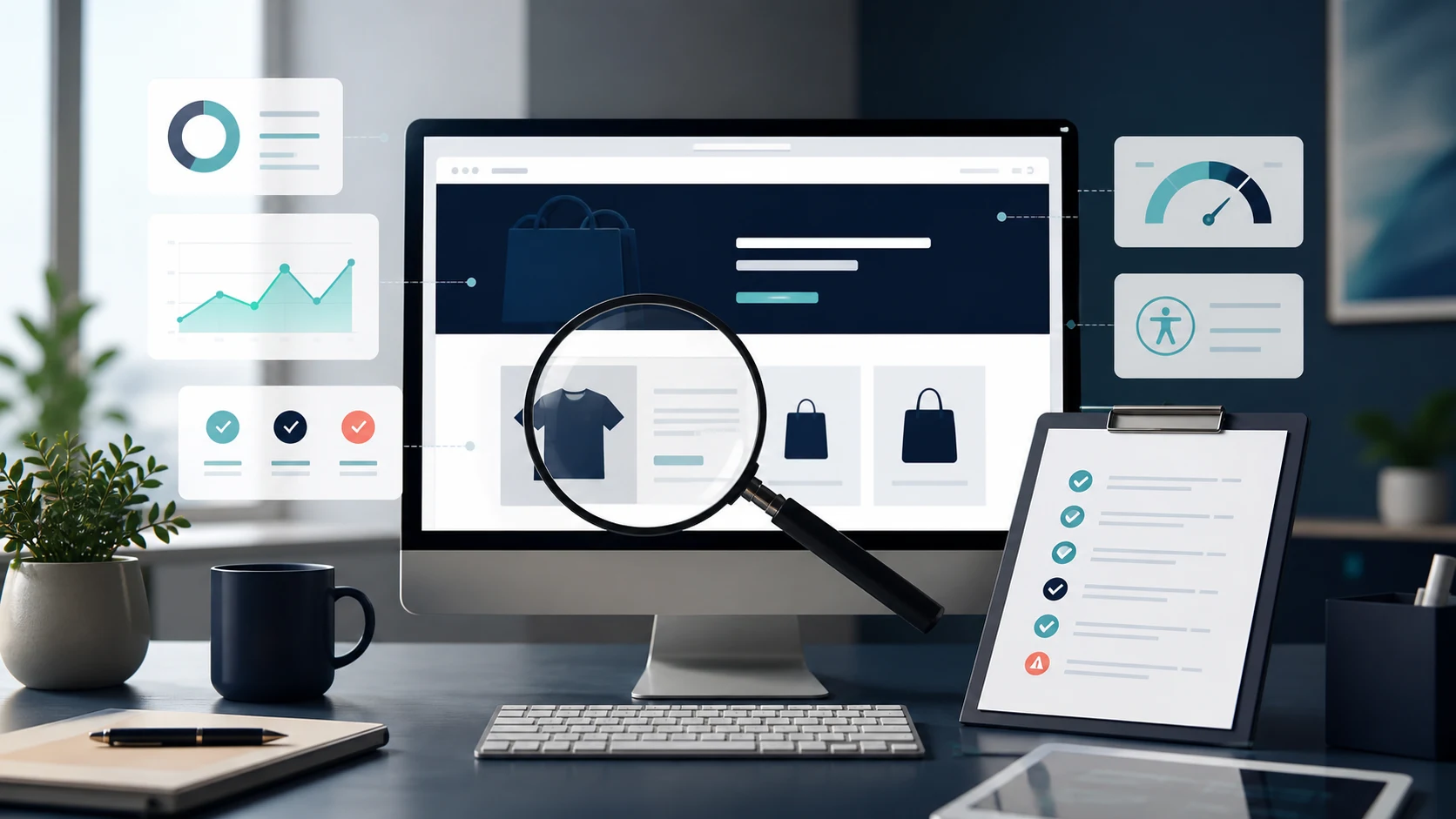 Ecommerce storefront being reviewed with performance, analytics and accessibility indicators for a UK website audit.
