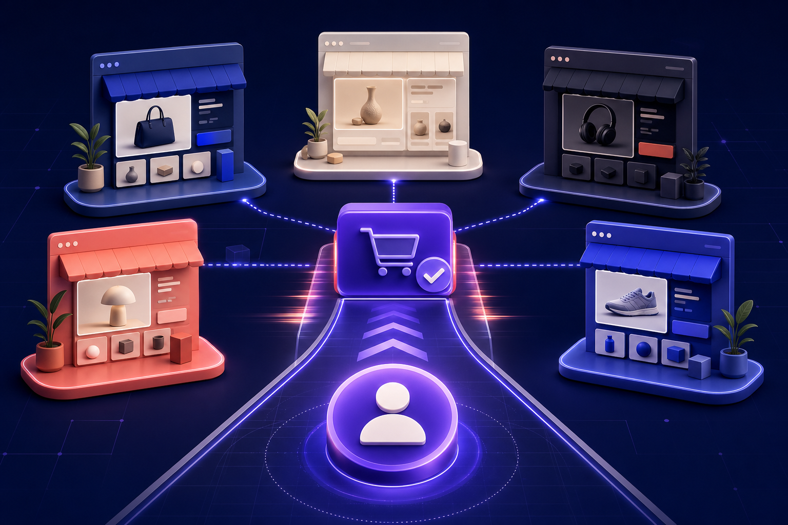 Multiple ecommerce storefronts connecting to a shared accelerated checkout experience.