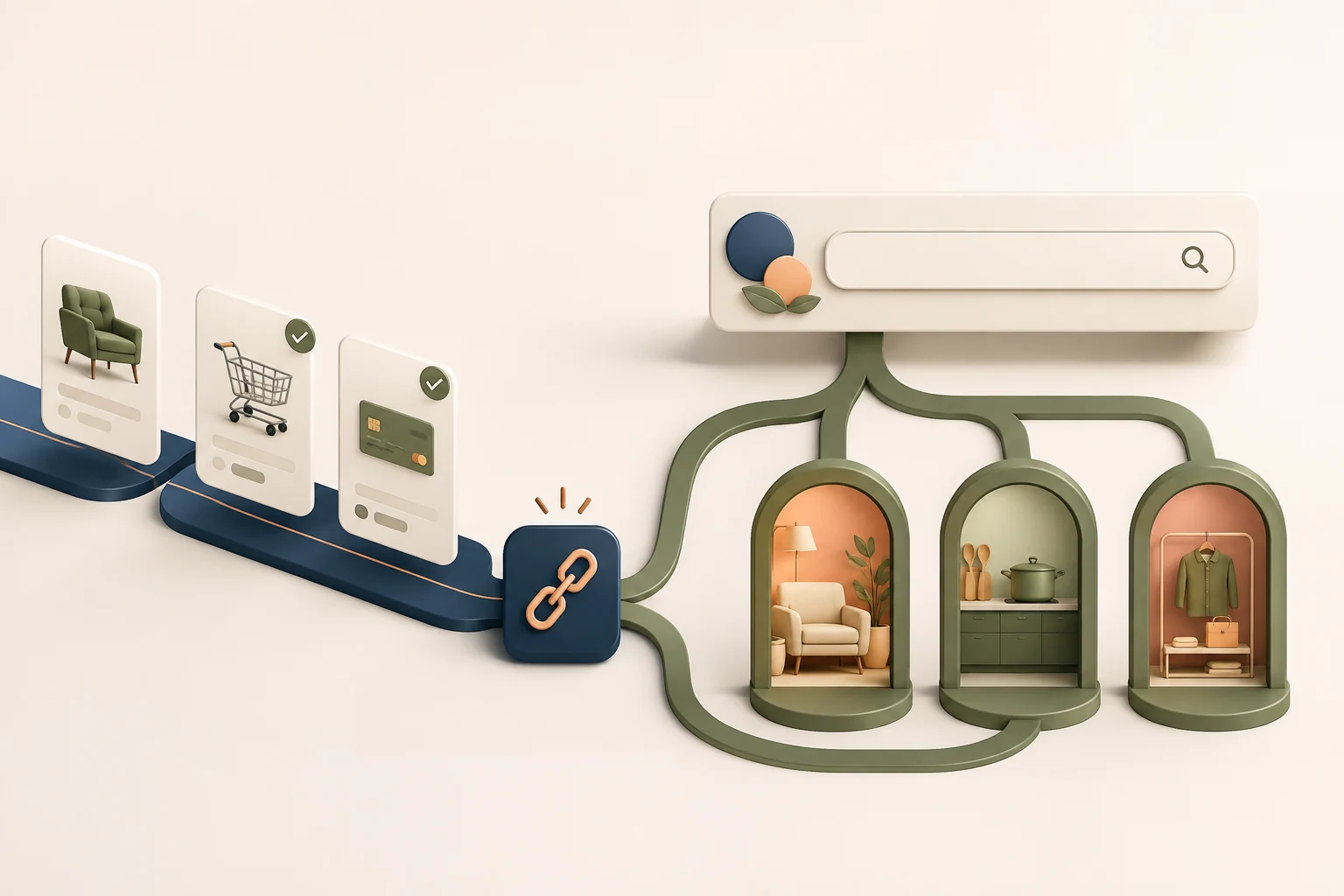 an ecommerce path ending at a small broken-link symbol then branching into a prominent search panel and three useful product category doorways, tasteful reassuring recovery journey.