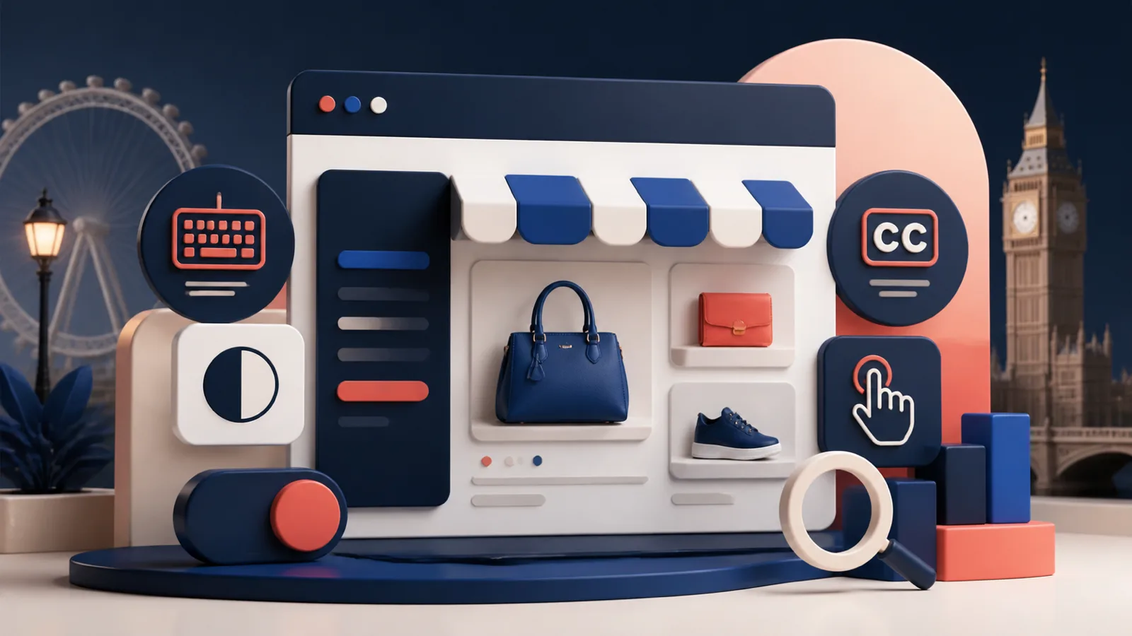 An accessible Shopify storefront with keyboard, contrast, captions and touch interaction symbols.