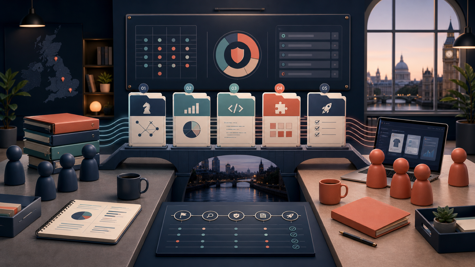 UK Shopify agency onboarding workspace connecting strategy, analytics, theme code, apps and launch governance.