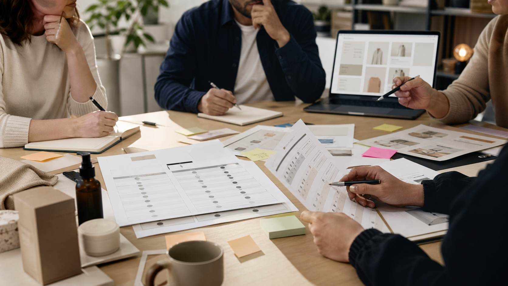 A UK ecommerce team comparing Shopify agency proposals with a structured shortlist scorecard and product samples.