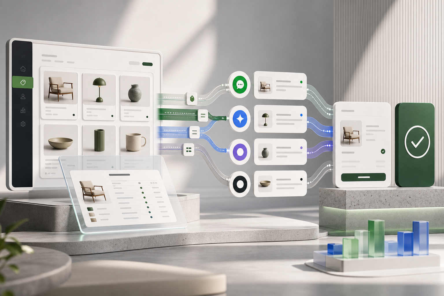 A structured Shopify product catalogue flowing into AI shopping conversations, secure checkout, and commerce analytics.