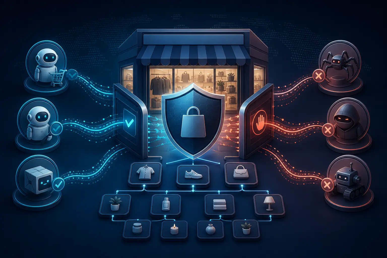 A protected ecommerce storefront allowing verified shopping agents while stopping abusive automated traffic.