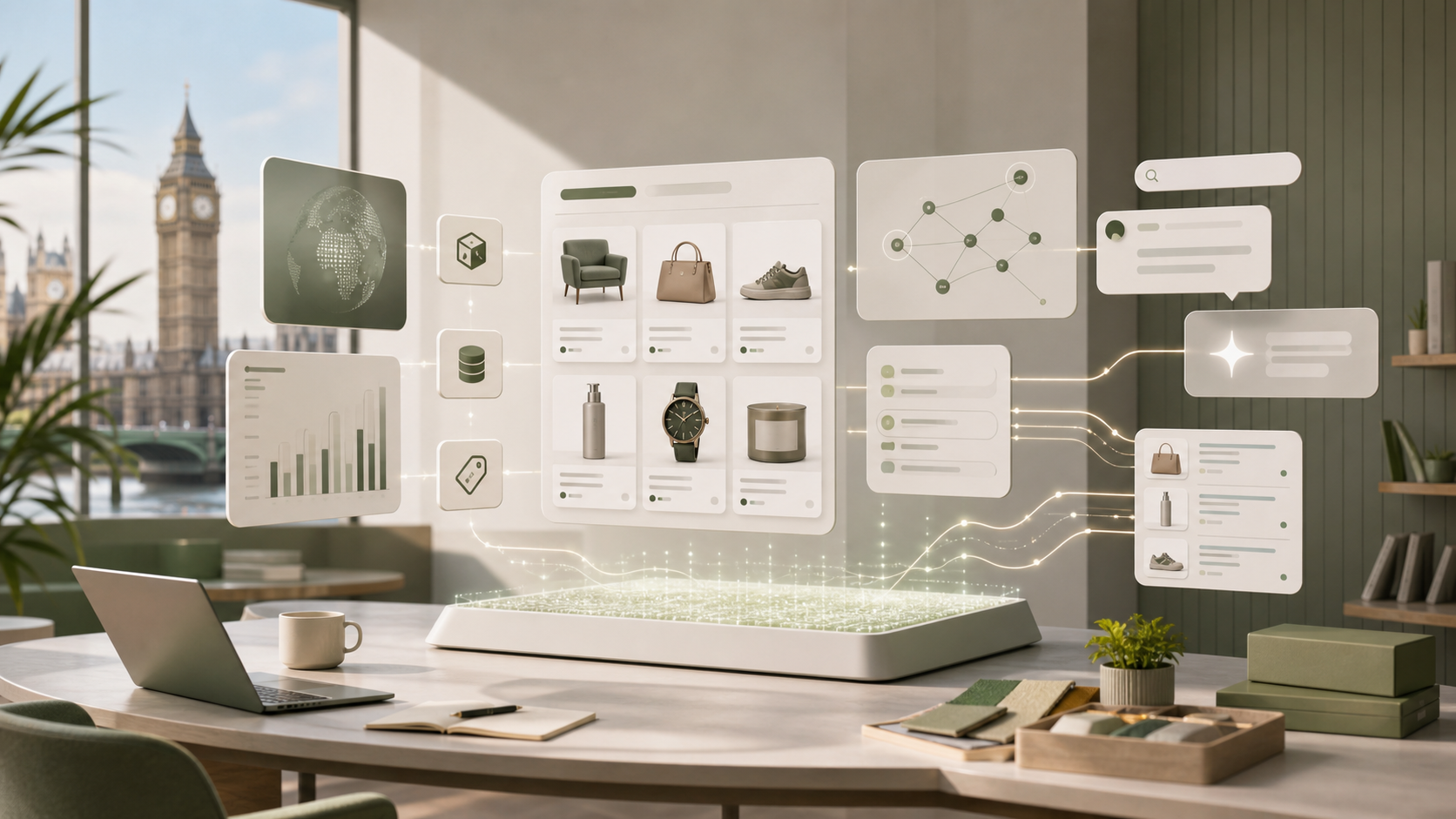 A Shopify product catalogue readiness workspace connecting product data, search queries, schema, feeds, and AI shopping discovery.