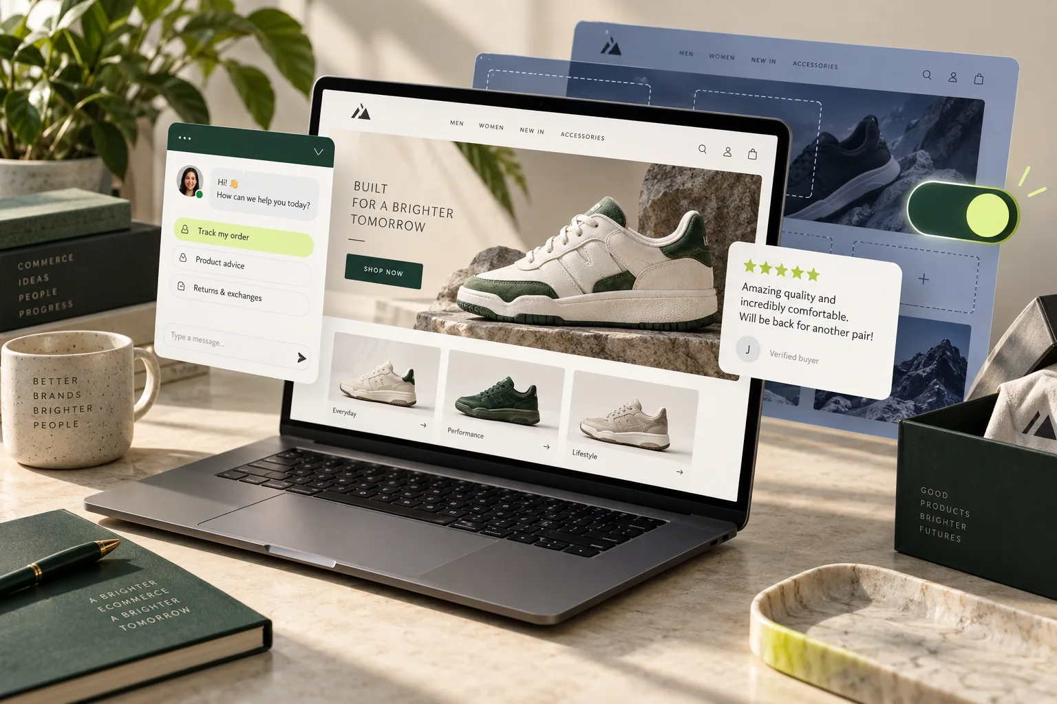 Chat and review widgets fit into a sneaker storefront alongside an activated theme toggle.