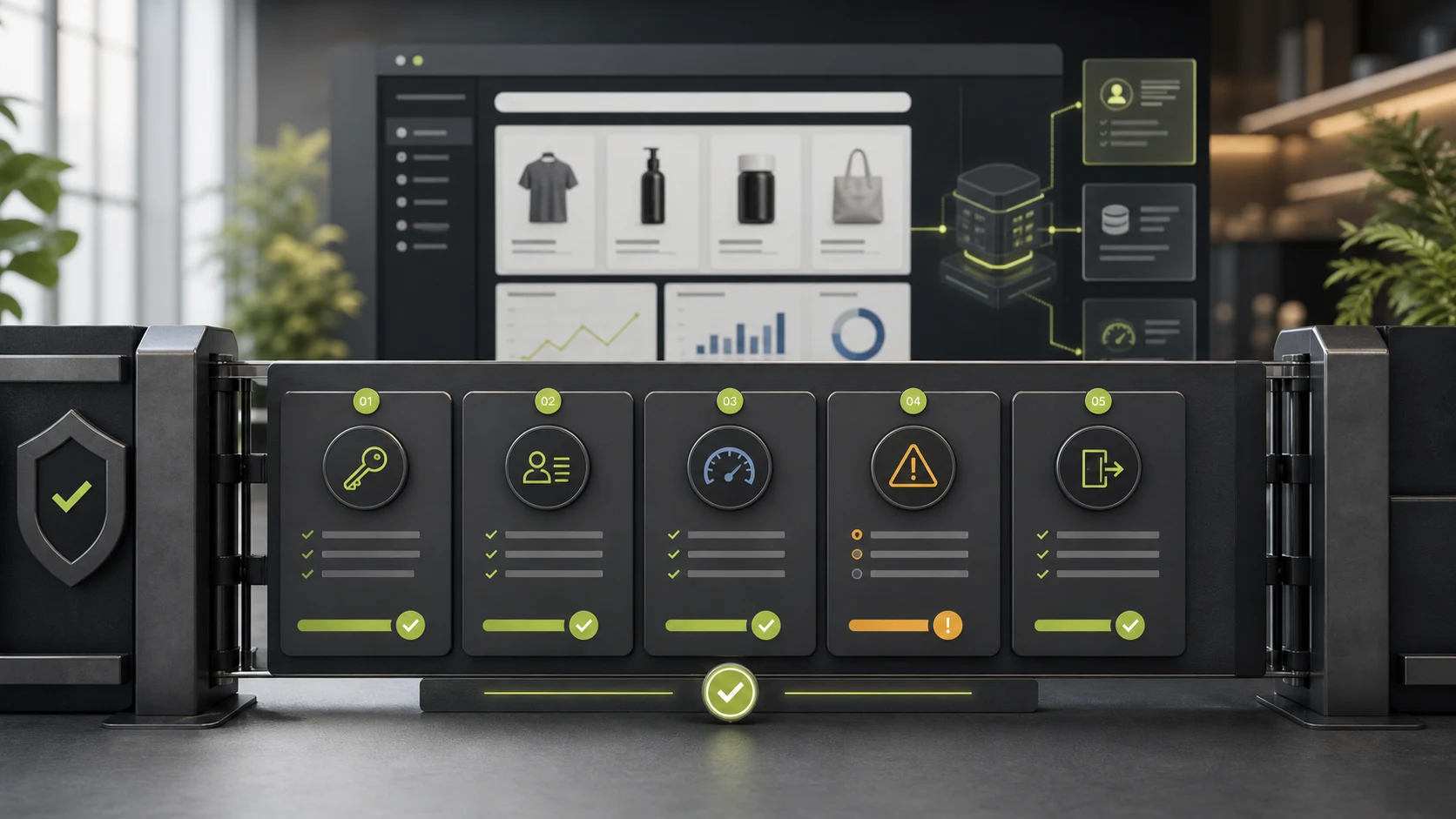 A Shopify app approval gate reviewing permissions, personal data, performance, vendor risk, and exit readiness.
