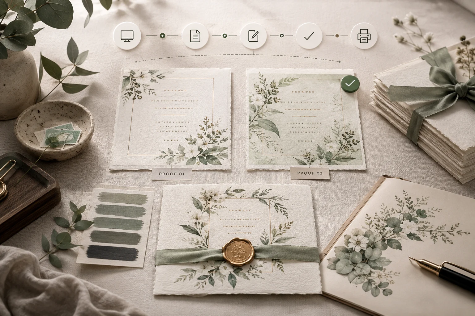 Botanical stationery proofs, colour swatches and an approved invitation ready for production.