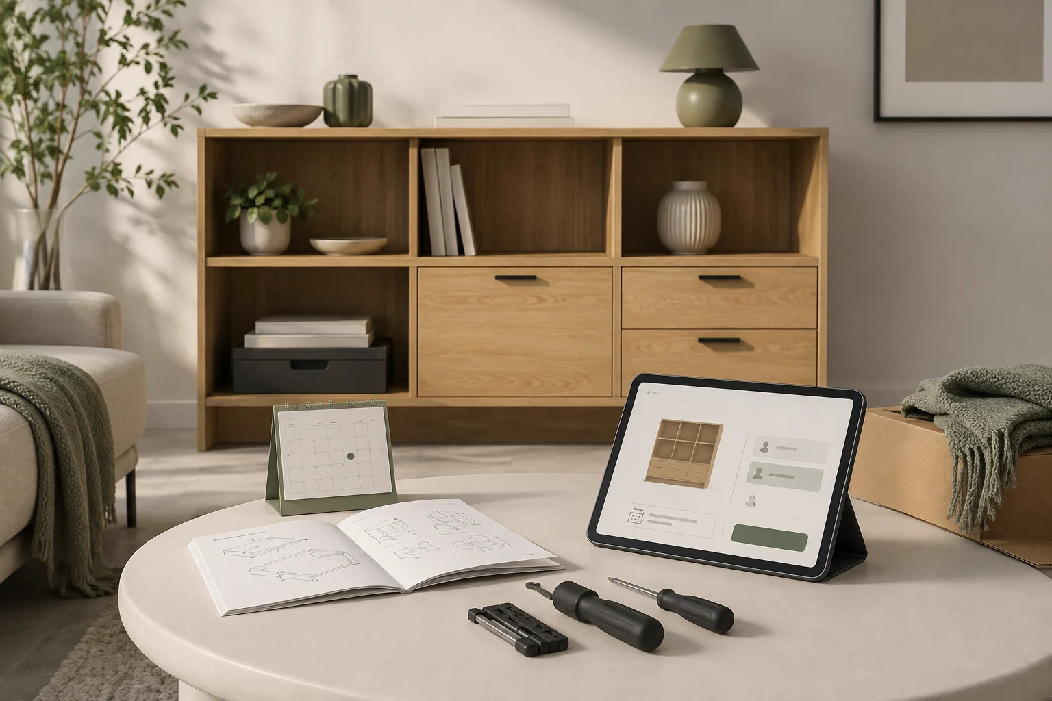 Oak shelving, assembly tools and a booking calendar beside a service-selection tablet.