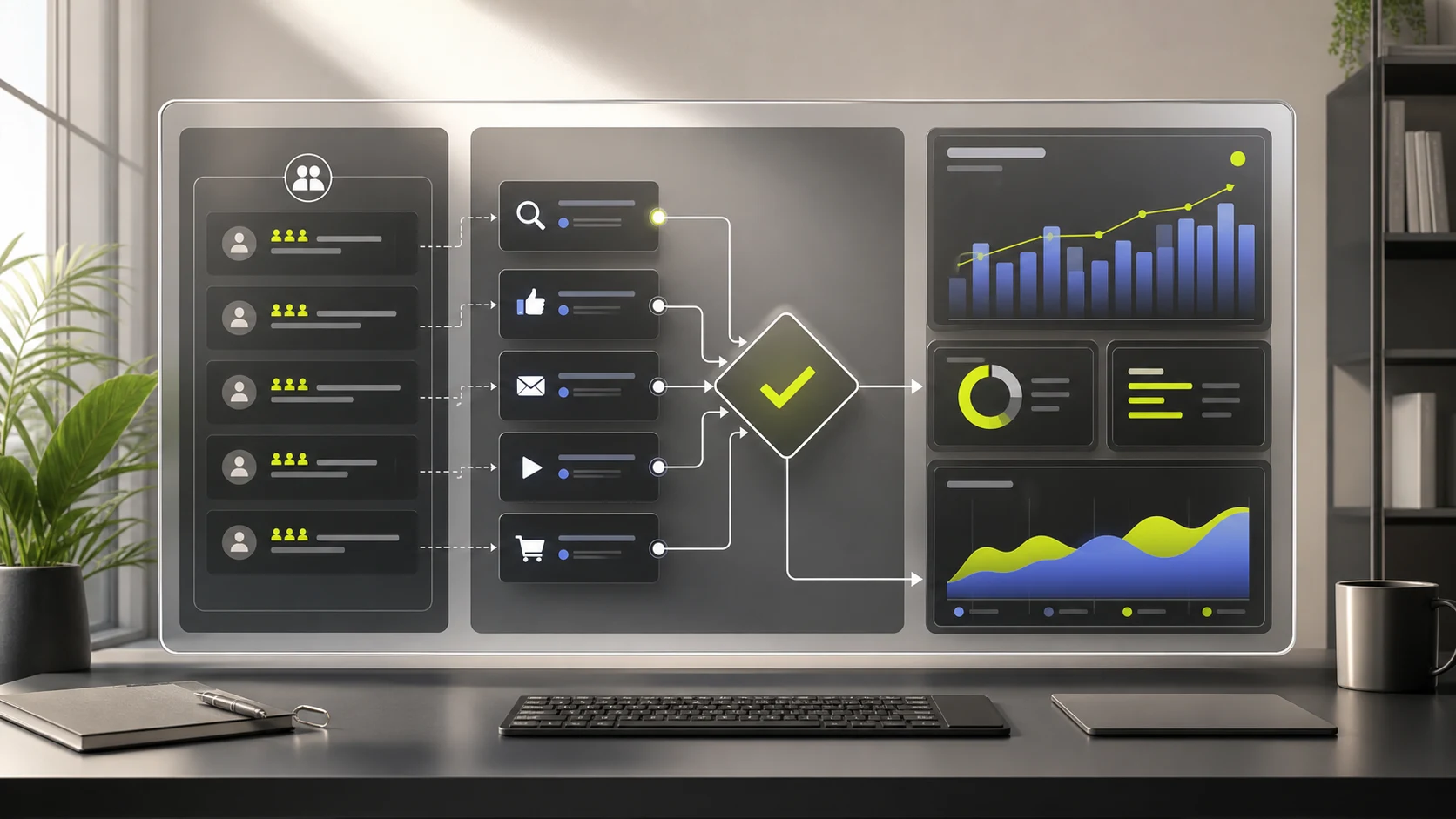 A premium ecommerce audience planning workspace connecting prospect cohorts, channel decisions, eligibility, and measurement.