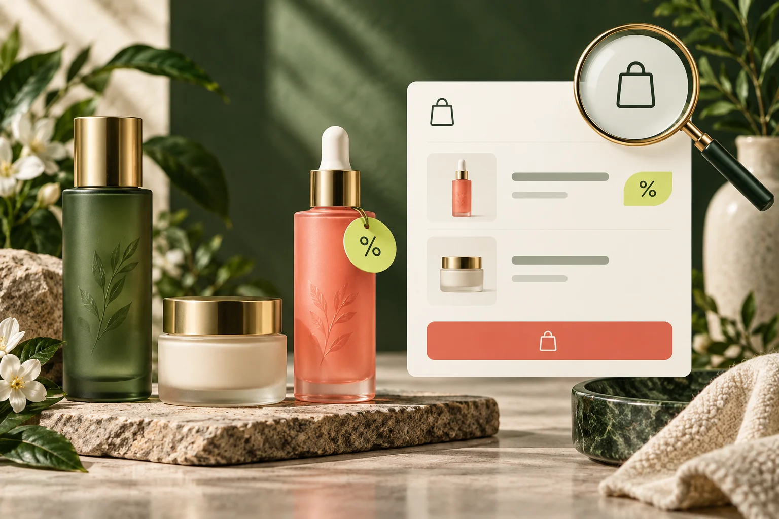 A cosmetics basket inspected for eligible products and an automatic discount.
