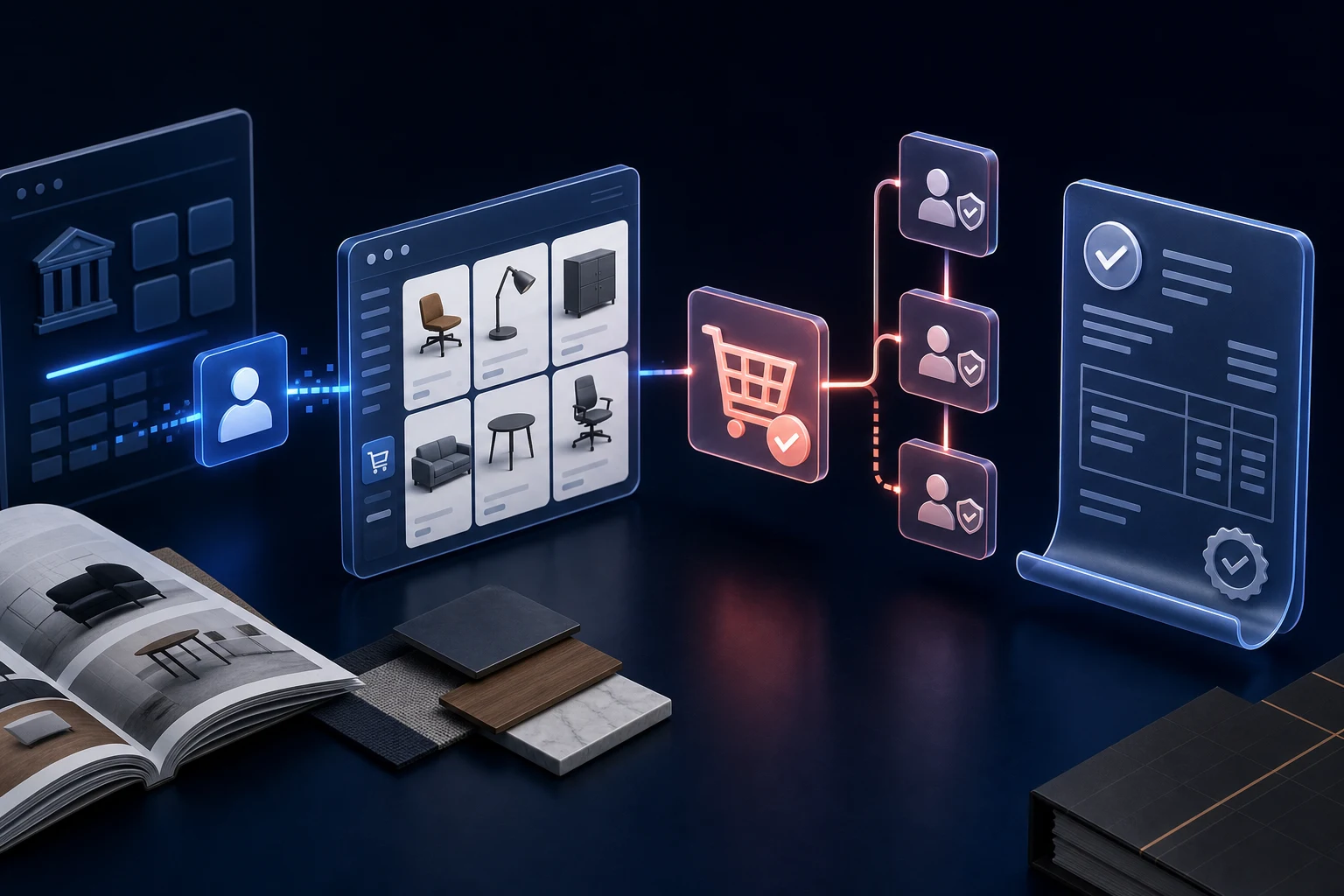 An enterprise buyer moving from a procurement portal through a Shopify B2B catalogue, approval gates and a verified purchase order.