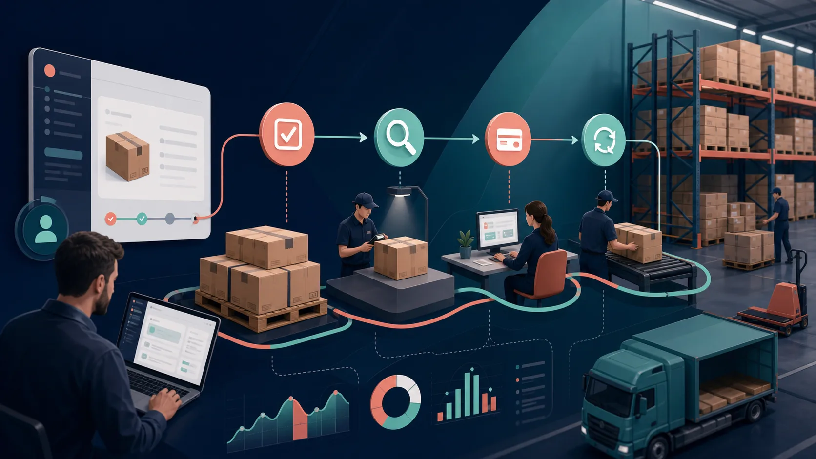 StoreBuilt Shopify B2B returns visual connecting wholesale approval, inspection, credit, and restocking.