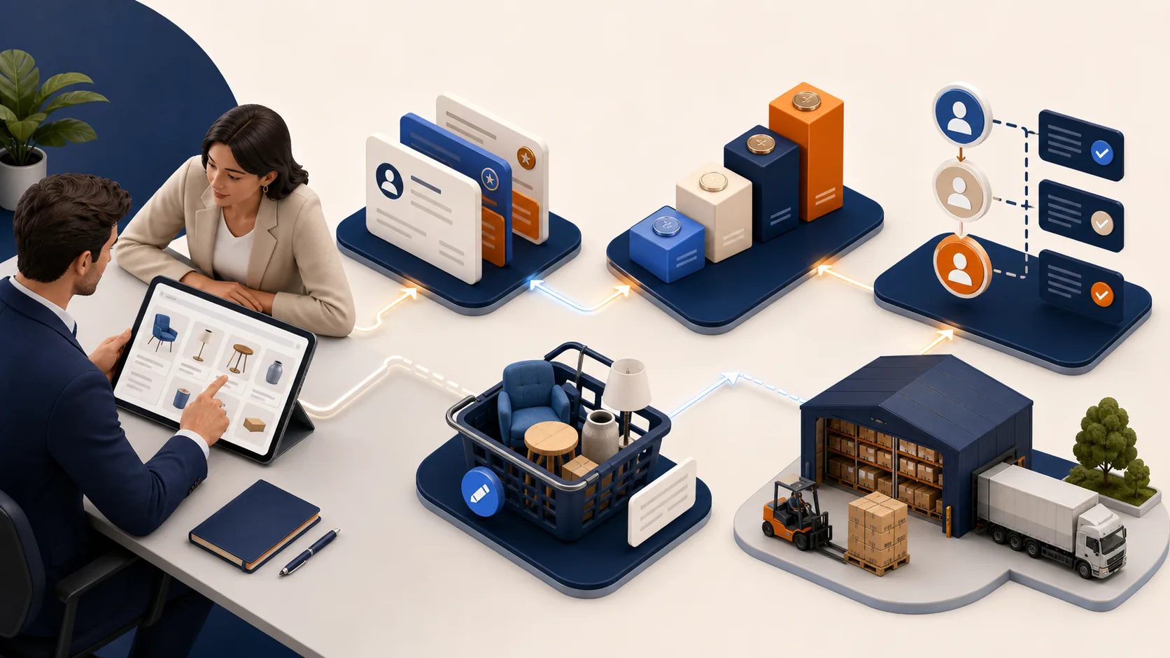 StoreBuilt Shopify B2B sales-rep ordering visual connecting company accounts, price lists, approvals, baskets, and fulfilment.