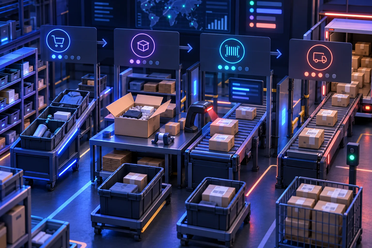 Warehouse orders move through illustrated pick, pack, scan and ship stages.
