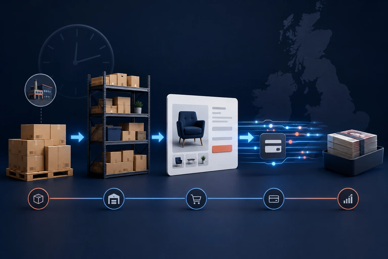 Supplier stock, warehouse inventory, a Shopify order and payment settlement connected into a controlled ecommerce cash conversion cycle.