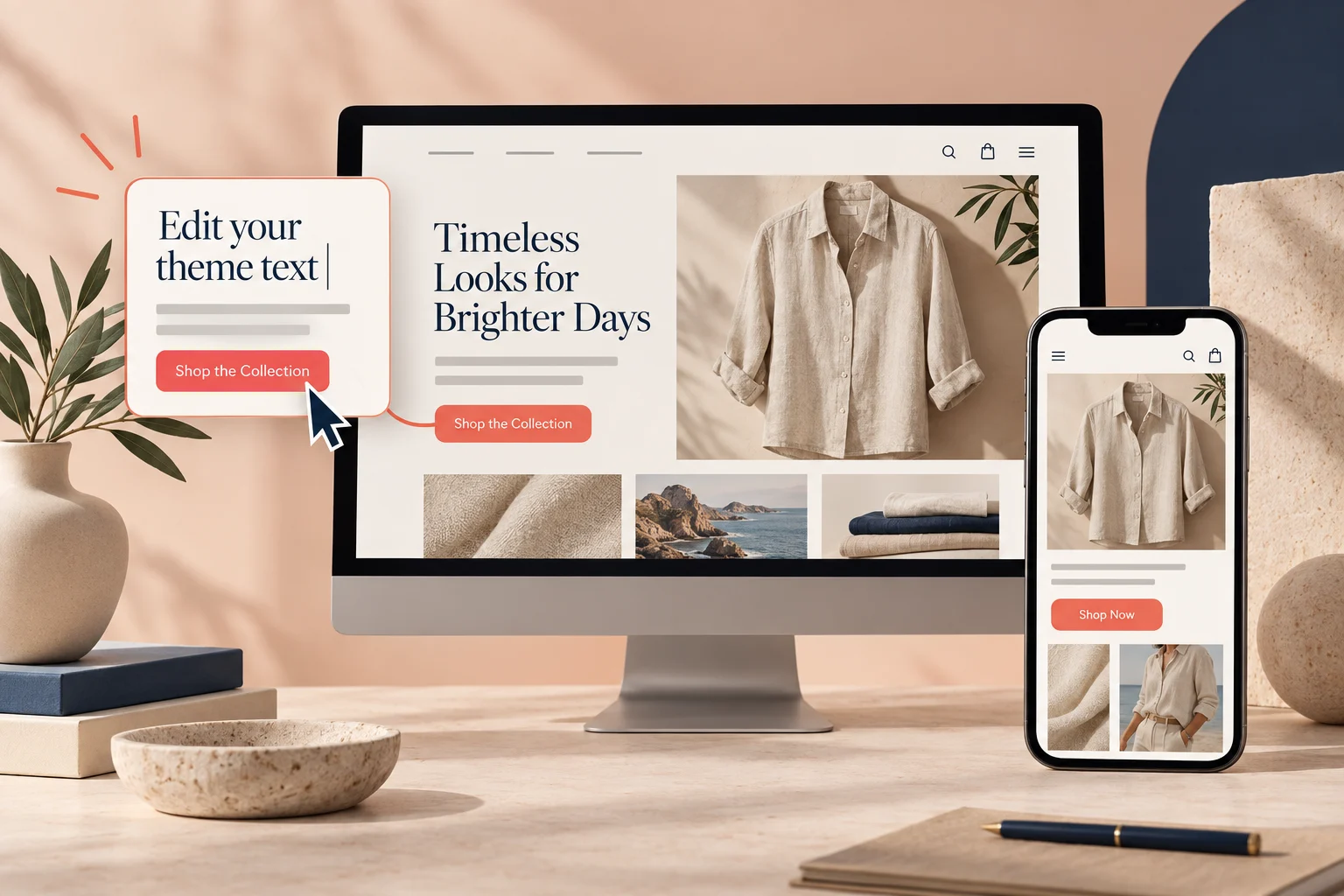 Storefront product buttons paired with an editable text card illustrate theme wording changes.