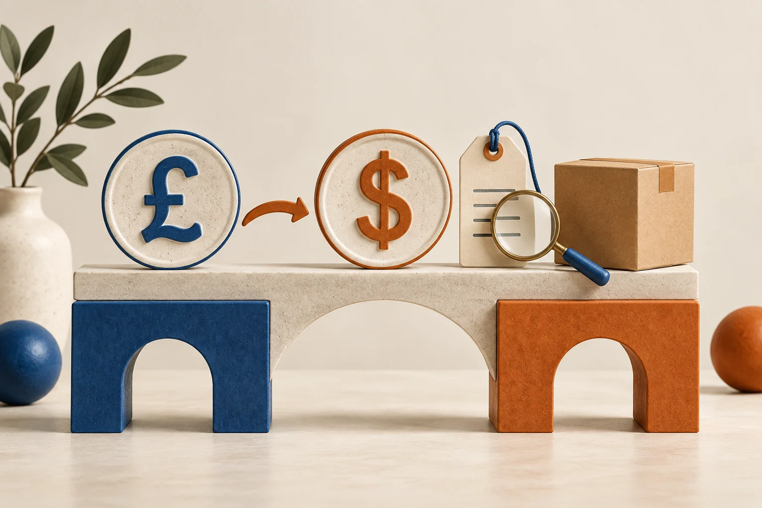 Pound and dollar currency symbols beside a price tag, parcel and magnifier representing a reviewed store currency change.