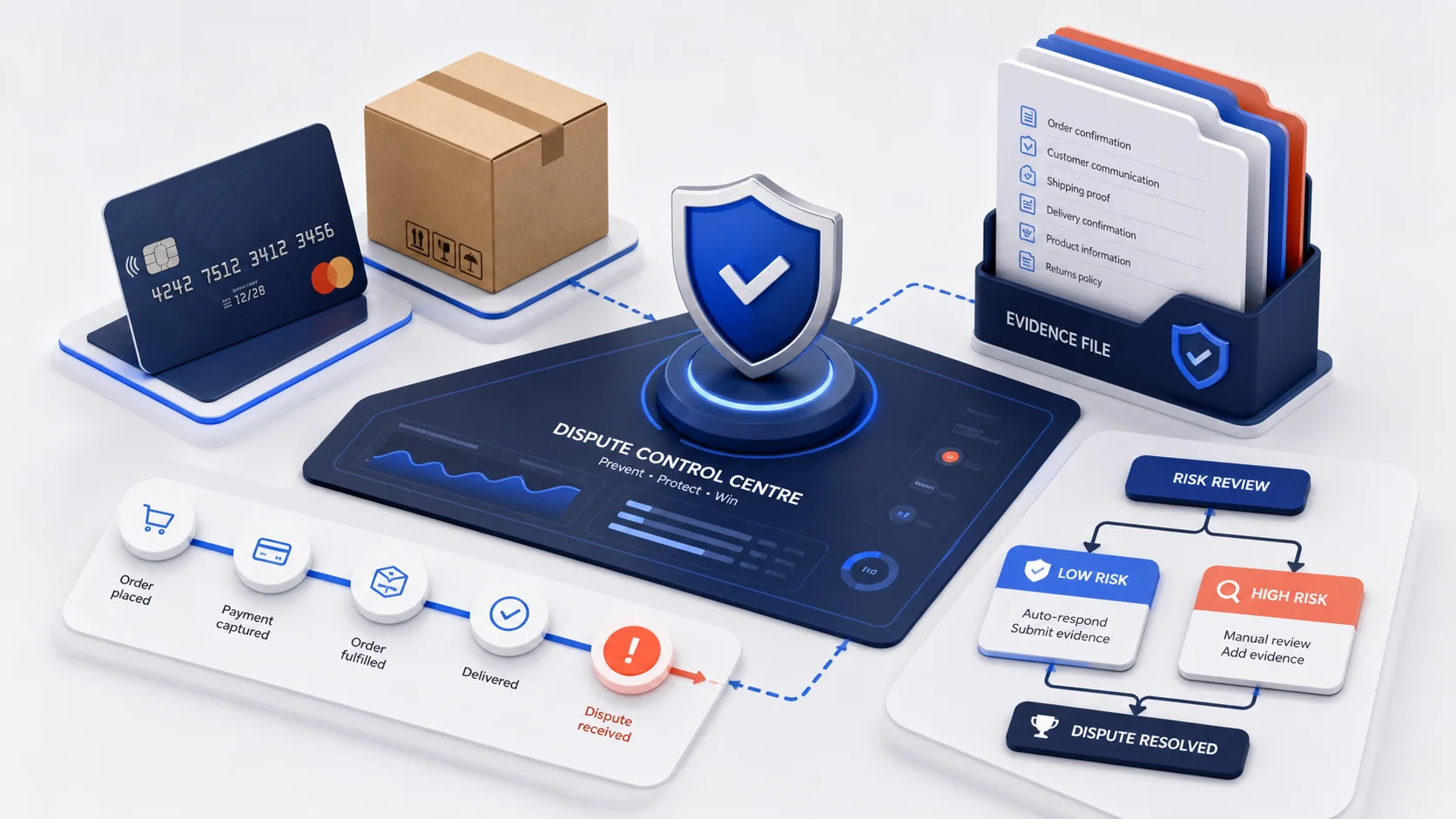 StoreBuilt chargeback control visual connecting payment risk review, fulfilment proof, customer communication, and dispute evidence.