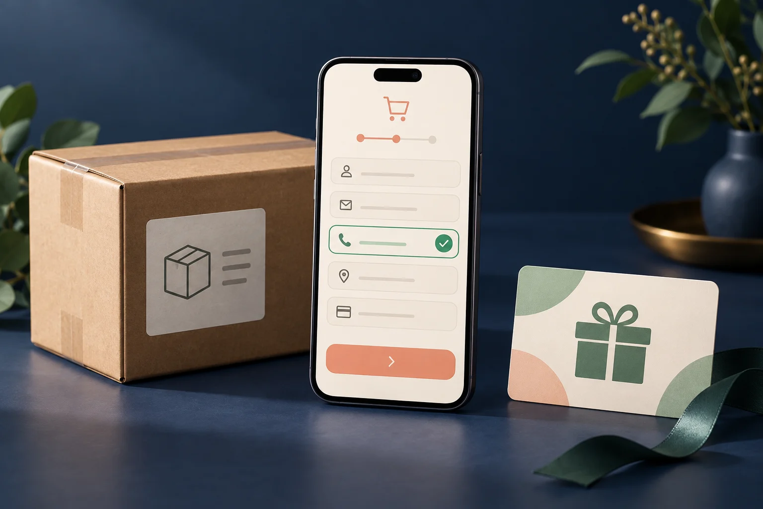 Checkout phone field beside a parcel and digital gift card illustrates shipping and digital order differences.