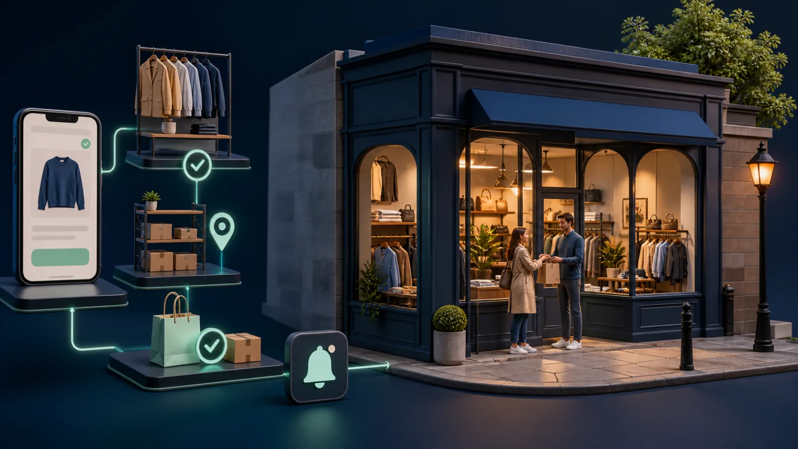 A UK retail shop connected to online ordering, location inventory, pickup preparation and collection handover.