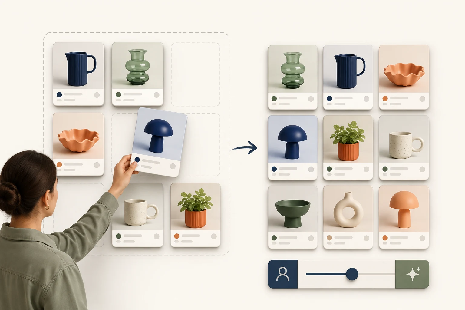 a collection of colourful homewares product cards being deliberately rearranged on a merchandising grid, one shopper chosen sorting control and a distinct curated default grid.