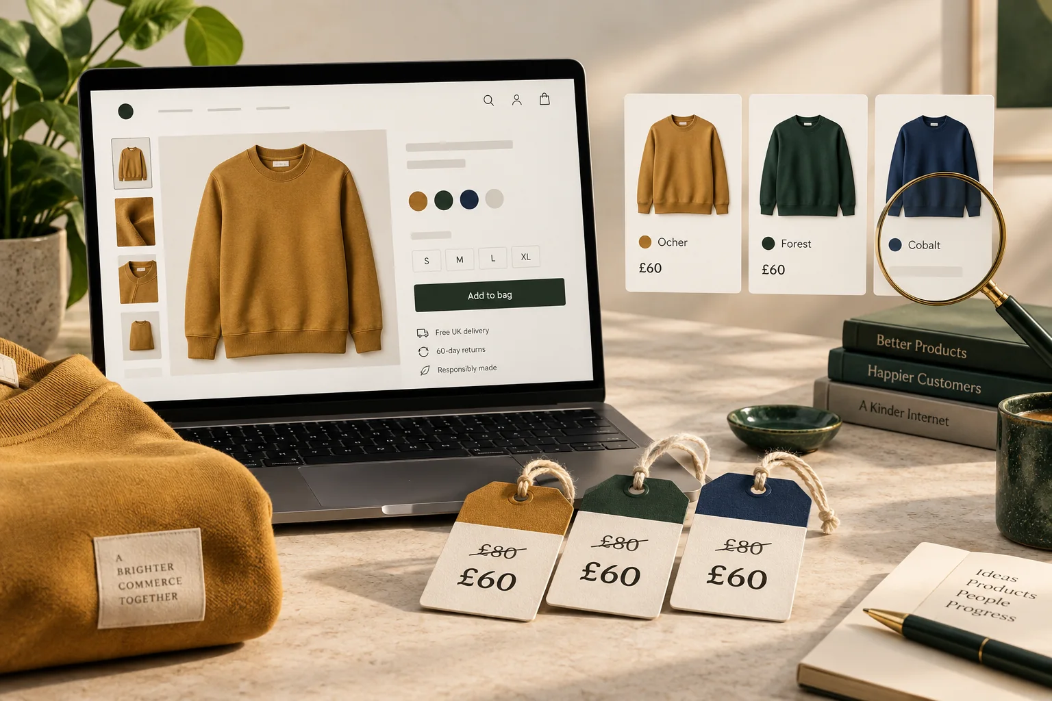 A sweatshirt product page and colour variants illustrate a missing price comparison beside approved sale-price tags.